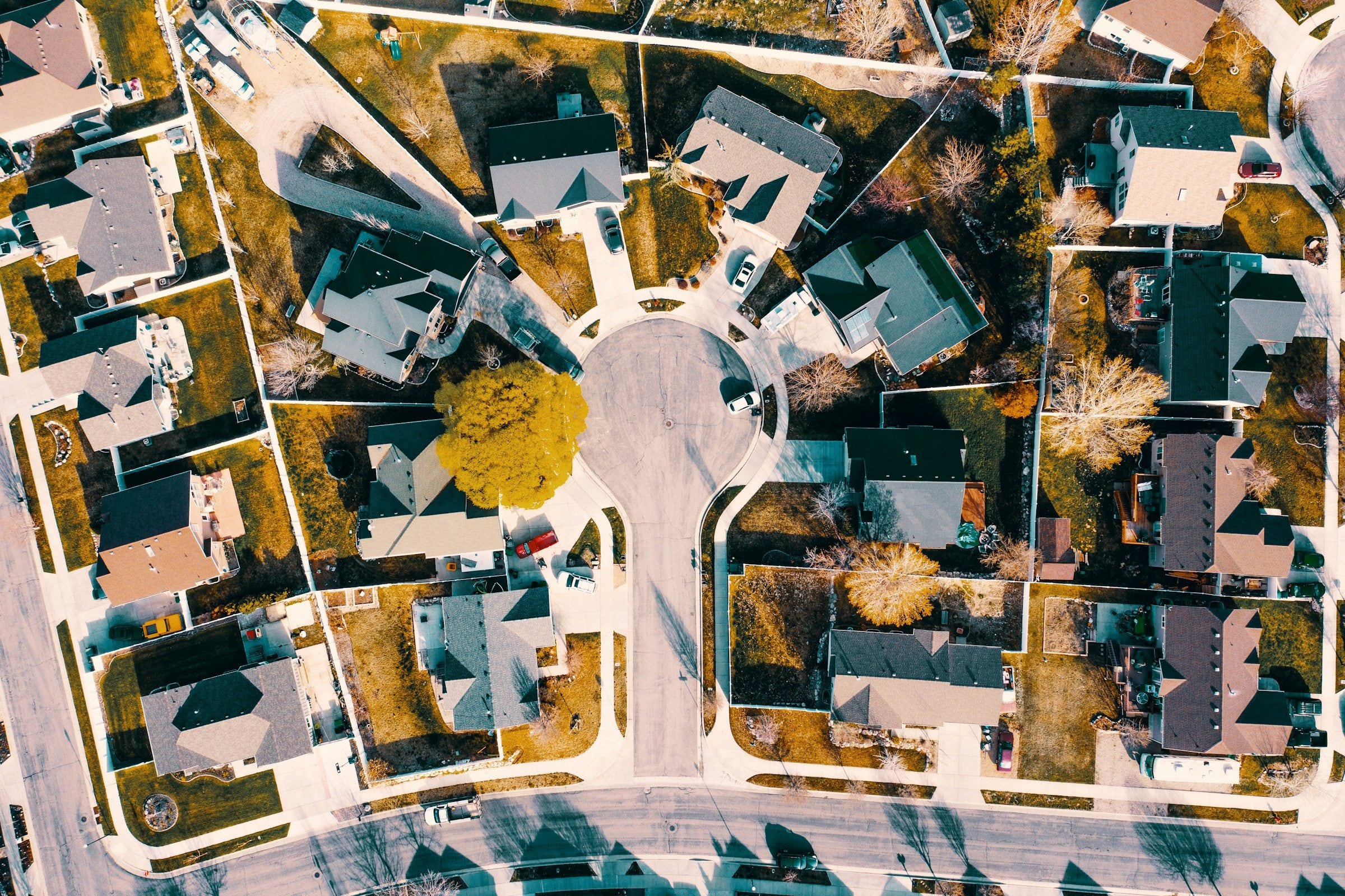 An overhead view of a neighbourhood of houses and trees